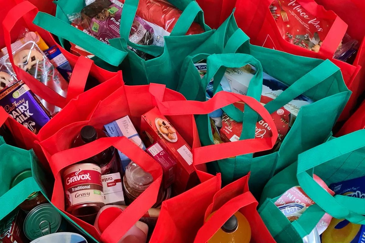 Reusable shopping bags filled with packaged groceries