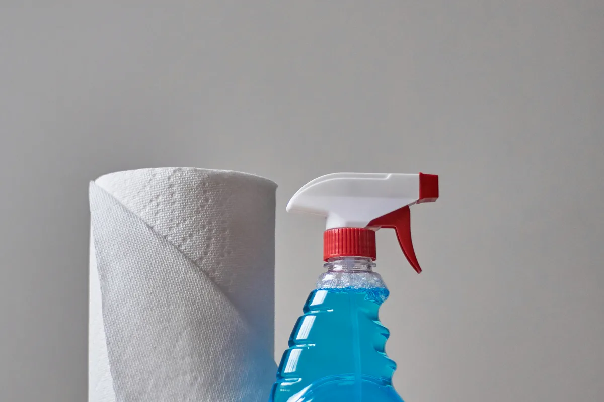 A clear spray bottle for household cleaning