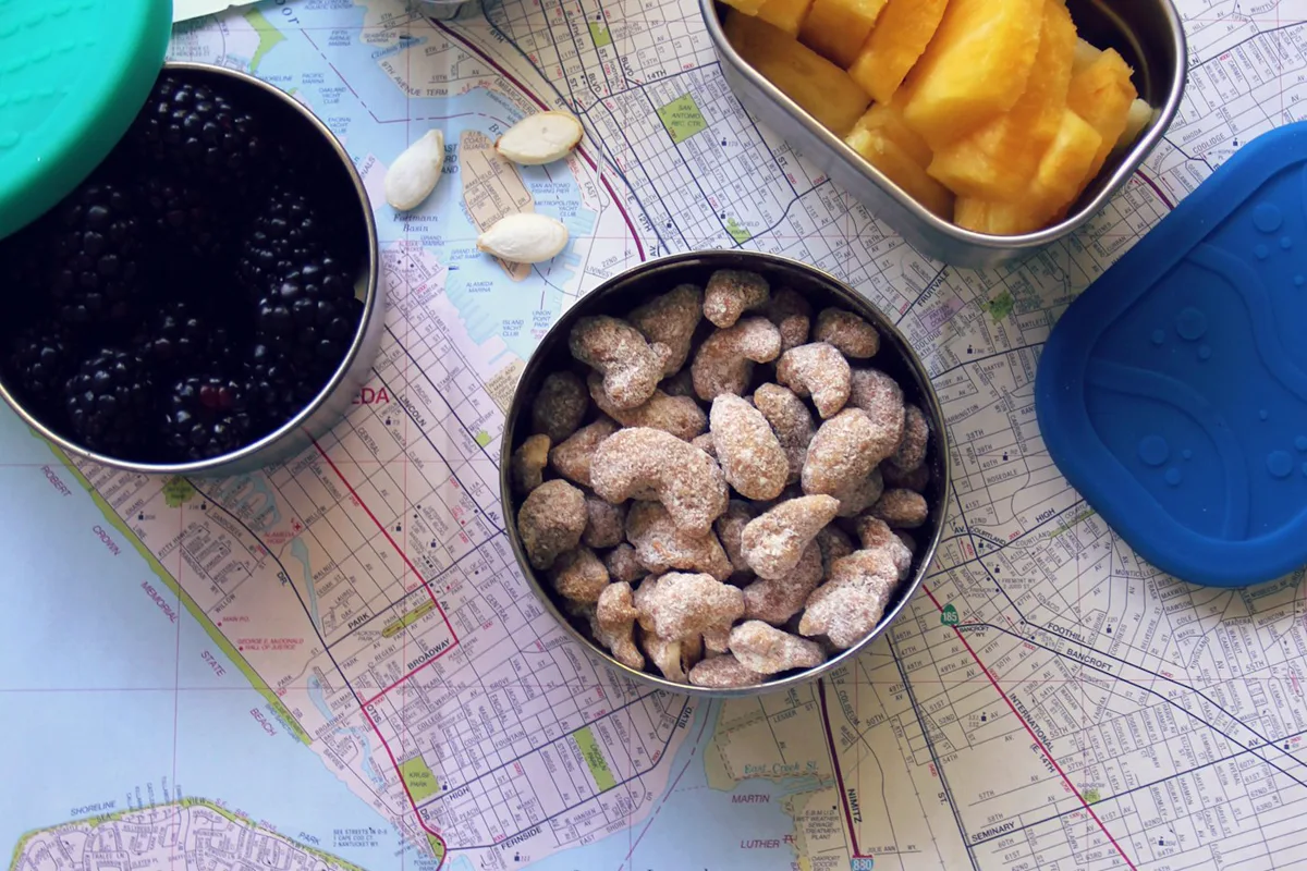 Fresh fruit packed in a reusable stainless-steel lunch container